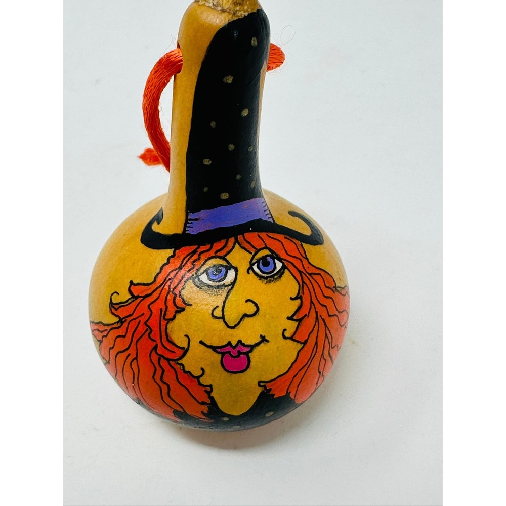 Halloween Witch Gourd  Artist Signed Mini Ornament Hand Painted Folk Art